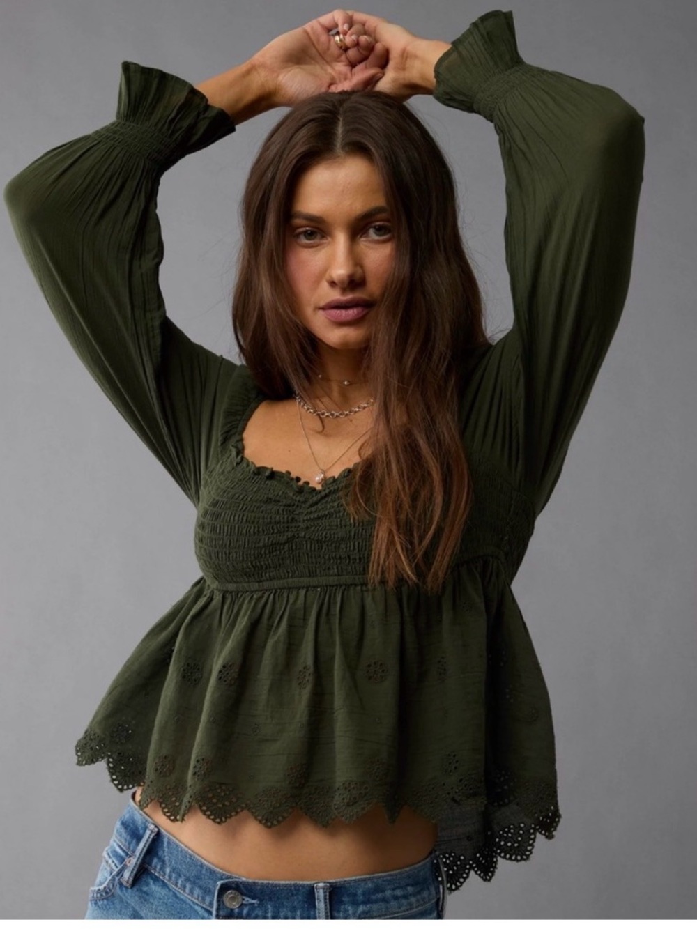 American Eagle Outfitters Dark Green Smocked Eyelet Peasant Top